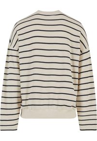 Maglione beige con righe blu marine, collo a giro, maniche lunghe e orlo a costine. Tessuto morbido, vestibilità casual e spaziatura uniforme nel motivo a righe.