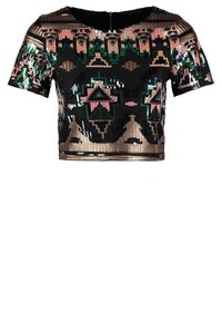 Černý zkrácený top s barevnými flitrovými geometrickými vzory, krátkými rukávy a kulatým výstřihem se zapínáním na zip na zadní straně.