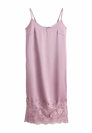 Rosa Slip-Kleid mit dünnen Trägern, V-Ausschnitt und einer Spitzenverzierung am Saum mit Blumenmuster. Glatter, leichter Stoff.