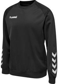 Black long-sleeve sweatshirt featuring a crew neck, elastic cuffs, and contrasting white chevron patterns on the sleeves. Made from smooth fabric.