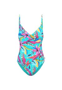 Maillot de bain une pièce en turquoise avec un motif floral vif en rose, jaune et vert. Il présente des bretelles fines et ajustables ainsi qu'un détail de fronces sur les côtés.
