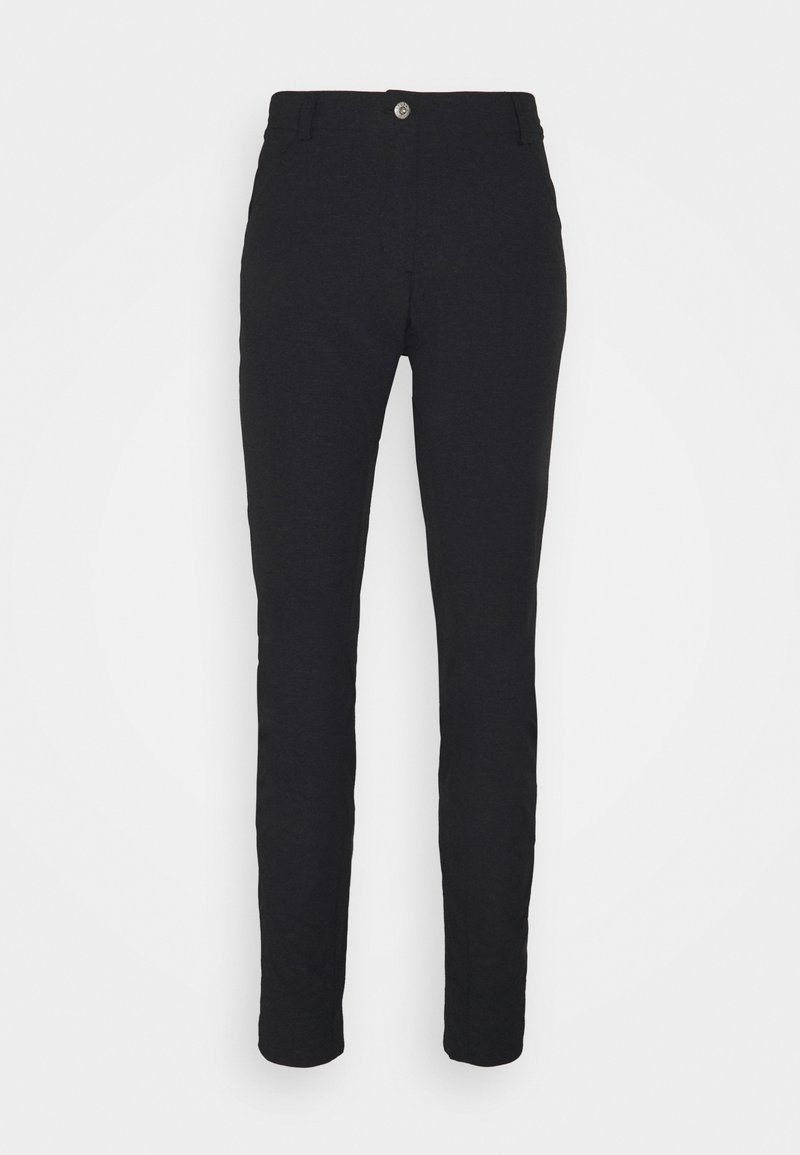 Pantalon noir slim avec passants de ceinture et fermeture par bouton sur le devant, présenté sur un fond blanc uni.