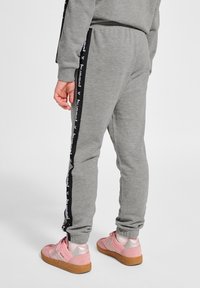 Grå träningsbyxor med svart sidostripp som har vit text. Bärs med rosa skor designade med silverdetaljer och en brun sula.