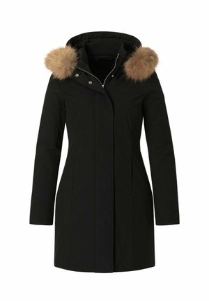Parka nera con cappuccio, caratterizzata da dettagli in pelliccia sintetica color cammello, chiusura frontale con zip, due tasche laterali e un design su misura.