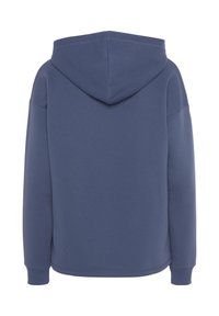 Felpa con cappuccio di colore blu navy, realizzata in tessuto morbido. Presenta una vestibilità rilassata, maniche lunghe e un orlo curvo. Nessun design o motivo visibile.