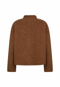 Hnedá štruktúrovaná bunda s vysokým golierom, dlhými rukávmi a voľným strihom; má čistý, minimalistický zadný dizajn bez viditeľných zapínaní.