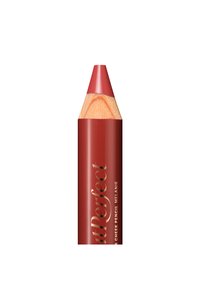 Red and beige cosmetic pencil with a pointed tip. Textured barrel featuring gold lettering that reads "Lip & Cheek Pencil Melanie."