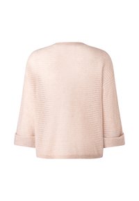 Maglione lavorato a maglia rosa chiaro con vestibilità morbida, spalle basse e maniche corte arrotolate. Presenta un motivo testurizzato e orlo ampio.