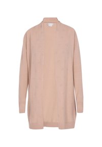 Světle růžový otevřený cardigan vyrobený z měkké tkaniny, s jemným texturovaným vzorem, dlouhými rukávy a žebrovanými manžetami a lemem.
