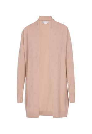 Lichtroze open cardigan van zacht materiaal, met een subtiele textuur, lange mouwen en geribde boorden en onderkant.