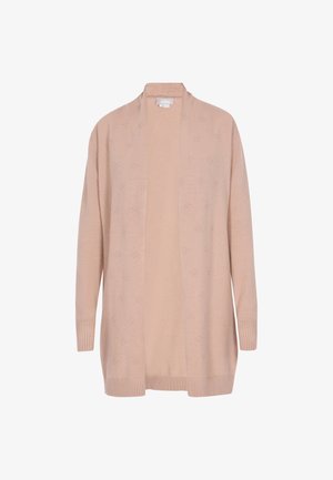 Cardigan aperto rosa chiaro realizzato in morbido tessuto, con un sottile motivo testurizzato, maniche lunghe e polsini e orlo a coste.