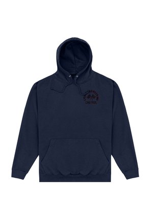 Marineblauer Hoodie mit Fronttasche, Kordelzugkapuze und kleinem Brustlogo mit gekreuzten Flaggen und dem Schriftzug „Lube Engineering Castrol“.