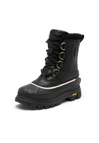 Svarta vinterstövlar i läder med texturerad yta. Har snörning, guldfärgade öljetter och en kraftig yttersula av gummi med bra grepp.