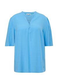 Light blue short-sleeve top with a V-neckline and three-button placket. Smooth fabric with a loose fit and subtle side accent detail.