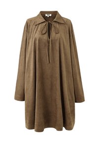 Braunes Wildleder Langarmkleid mit lockerer Passform, Kragen und vorderem Bindebandverschluss, Größe Small, etikettiert "Frnch".