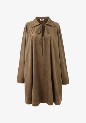 Bruine suède lange mouwen losse jurk met kraag en sluiting met voorste strik, gelabeld "Frnch" maat klein.