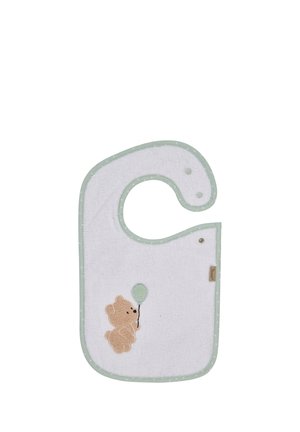White baby bib with green trim, featuring a small teddy bear holding a green balloon embroidered on the front.