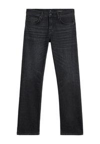 Czarne dżinsy denimowe o prostym kroju nogawki, z pięcioma kieszeniami i subtelną fakturą w ciemnym wykończeniu.
