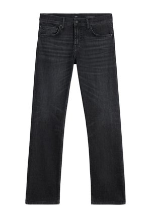 Czarne dżinsy denimowe o prostym kroju nogawki, z pięcioma kieszeniami i subtelną fakturą w ciemnym wykończeniu.