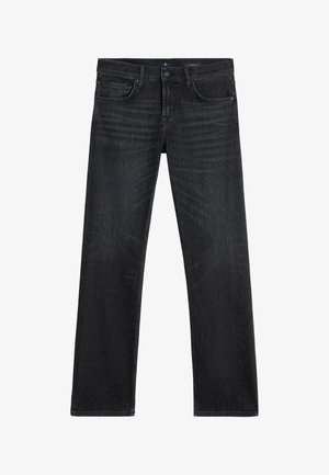 Czarne dżinsy denimowe o prostym kroju nogawki, z pięcioma kieszeniami i subtelną fakturą w ciemnym wykończeniu.