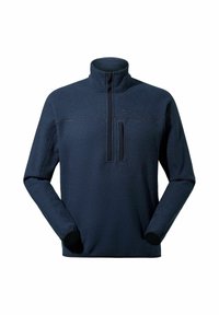 Fleece-Pullover, dunkelblau, Halbreißverschluss vorne, hoher Kragen, strukturierter Stoff, taillierte Ärmel mit schwarzen Bündchen, minimalistische Markenkennzeichnung auf der Brust.