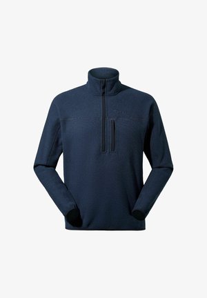 Fleece-Pullover, dunkelblau, Halbreißverschluss vorne, hoher Kragen, strukturierter Stoff, taillierte Ärmel mit schwarzen Bündchen, minimalistische Markenkennzeichnung auf der Brust.