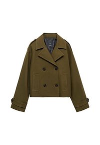 Olive green cropped double-breasted jacket with wide lapels, buttoned cuffs, shoulder straps, and two front pockets.