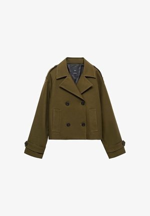 Olijfgroene cropped dubbele-breasted jas met brede revers, knoopmanchetten, schouderbanden en twee voorke pockets.