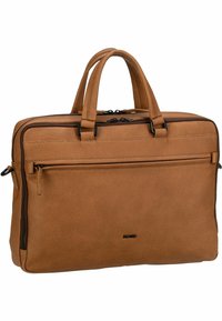 Valigetta in pelle marrone con due manici superiori, superficie texturizzata, tasca frontale con zip e dettagli in zip neri a contrasto.