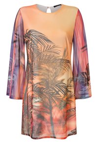 Robe à manches longues avec un dégradé d'orange à violet, présentant une silhouette de feuille de palmier et un détail d'ouverture en forme de clé au dos. Tissu lisse et léger.