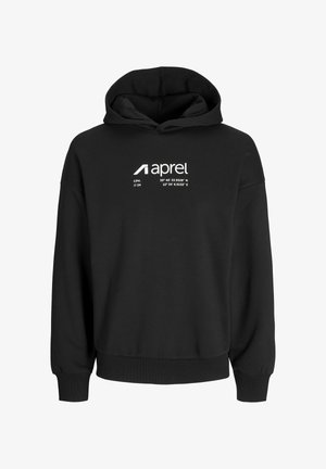 Musternööriga must kapuutsiga sviiter, mis on valmistatud pehmest materjalist. Esiküljel on valge graafikatekst koos koordinaatide ja logoga. Pikad varrukad ja soonikkoes mansetid.