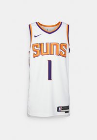 Camiseta de baloncesto blanca de los Phoenix Suns con detalles en naranja y púrpura, número 1 en el frente, logo de Nike y etiqueta de la NBA cerca del dobladillo.