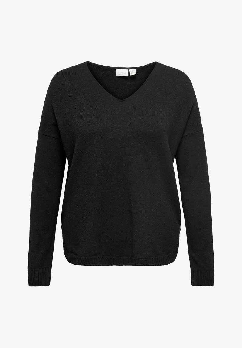 Pull noir à manches longues avec col en V, poignets et ourlet côtelés, présenté sur un fond blanc uni.