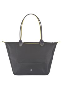 Sac tote gris avec des accents jaunes, en tissu à texture lisse, au design spacieux, avec des poignées doubles et une poche frontale avec fermeture à glissière.