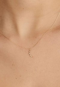 Goldene Halskette mit einem gebogenen Anhänger, der mit kleinen Steinen besetzt ist, zarter Kette und minimalistischen Design. Akzente setzen winzige Kristalle entlang des Anhängers.