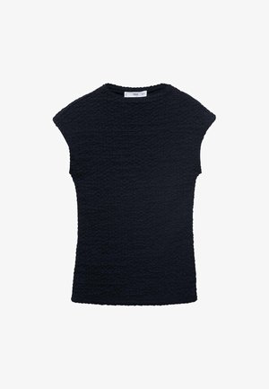 Navy short-sleeve top with a textured, wavy pattern. Round neckline and relaxed fit, made from a soft, lightweight fabric.