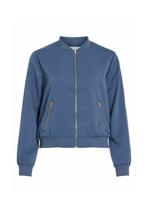 Blue bomber jacket with front zipper, two zippered side pockets, ribbed cuffs, and waistband.