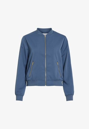 Giacca bomber blu con cerniera frontale, due tasche laterali con cerniera, polsini e orlo a coste.