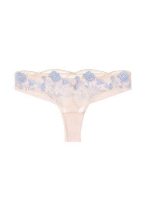 String beige clair avec broderie florale bleue, en maille transparente, bords festonnés et un petit nœud au centre devant.