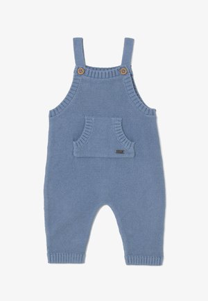 Blauer Stricklatzhose aus weichem Material, mit einer Fronttasche, gerippten Kanten und Holzknöpfen an den Trägern.