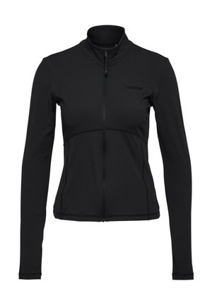 Schwarze, eng anliegende Jacke mit Reißverschluss, langen Ärmeln, hohem Kragen, dezentem Markenlogo auf der Brust und sichtbaren Nahtdetails.