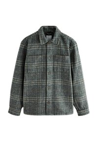 Rutet flannel skjorte i grå og grøn. Funktioner en knaplukning foran, to brystlommer og en klassisk krave med en struktureret stof.