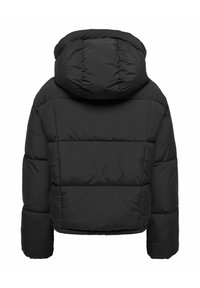 Sort dunjakke med hætte, quiltede sektioner og kort længde. Glat tekstur uden synligt hardware eller pynt.