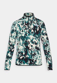 Fleece-pullover med halv lynlås, med et blåt, grønt og sort abstrakt mønster på en cremet baggrund og et lille logo på brystet.