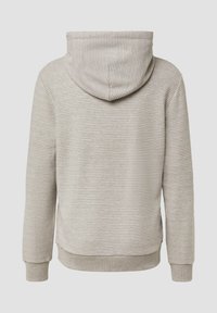 Jasnoszara bluza z kapturem, charakteryzująca się prążkowaną teksturą, długimi rękawami i zaokrąglonym dołem. Kapturek ma delikatny kształt dla wygody.