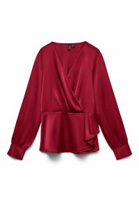 Bordeaux satinbluse med lange ærmer, omslag design, V-hals og peplum-kant; glat tekstur med let glans.