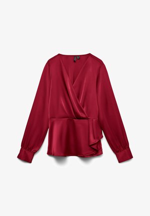 Blusa in satin bordeaux con maniche lunghe, design incrociato, scollatura a V e orlo peplum; texture liscia con leggero luccichio.