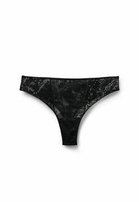 Schwarzer Spitzenstring mit floralen Mustern und halbtransparentem Stoff, mit einer glatten Vorderseite und dünnen Seitenbändern.