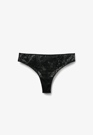 Schwarzer Spitzenstring mit floralen Mustern und halbtransparentem Stoff, mit einer glatten Vorderseite und dünnen Seitenbändern.