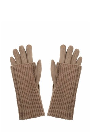 Pair of beige gloves with long ribbed knitted cuffs, designed for warmth and style.